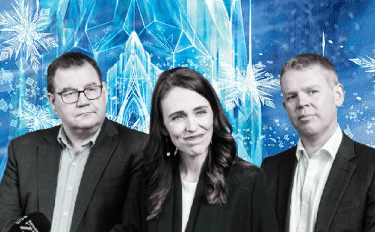 Grant Robertson, Jacinda Ardern and Chris Hipkins, who last week shocked public service workers with news of what almost everyone called a pay freeze (Original photo: Mark Coote/Bloomberg via Getty Images)