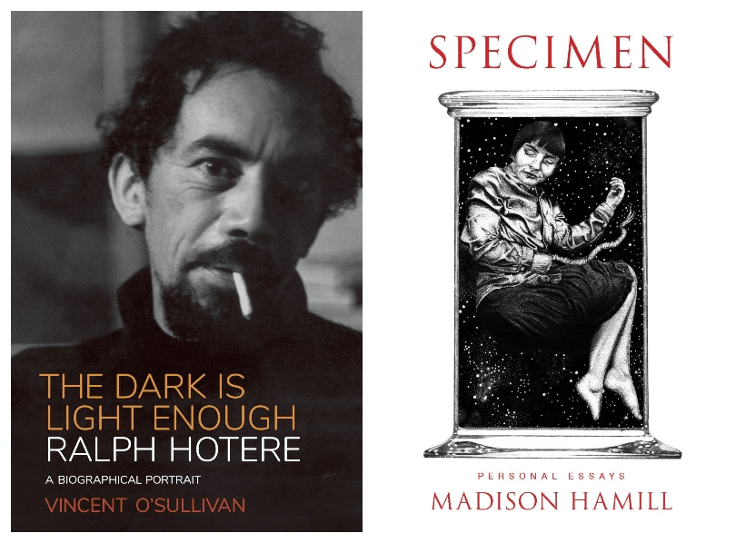 Ralph Hotere stares out from the cover of his biography, The Dark is Light Enough. And Madison Hamill's essay collection Specimen features a girl suspended in a specimen jar. 