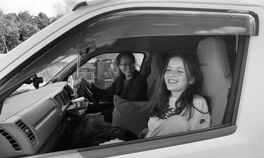 Nadine Anne Hura and her daughter Bobbie, riding shotgun (Photo: Supplied) 
