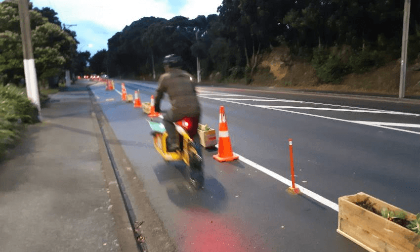 Improvised cycleway infrastructure on Adelaide Road in Wellington (Photo: Patrick Morgan) 
