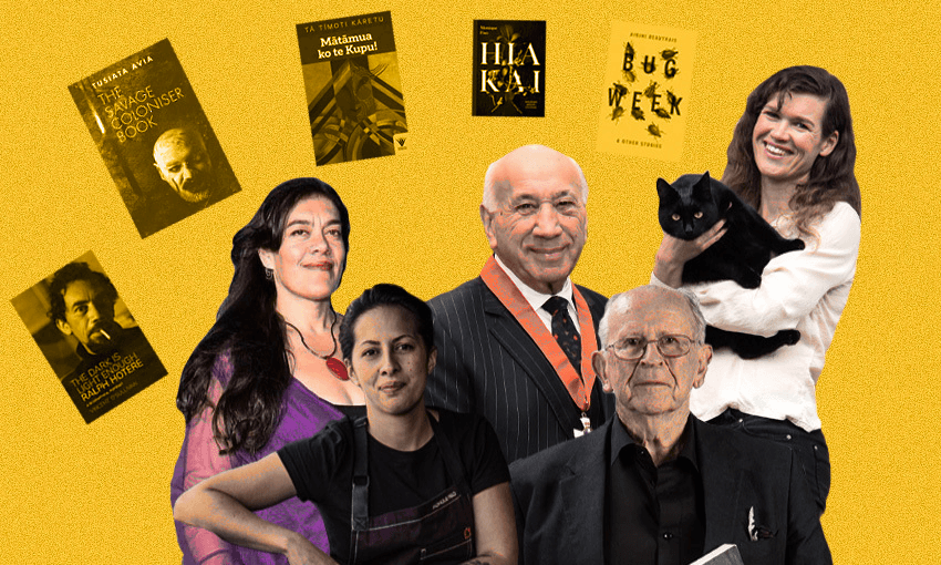 The big winners at the 2021 Ockham New Zealand Book Awards. Also featuring cat: L-R Tusiata Avia, Monique Fiso, Tā Tīmoti Kāretu, Vincent O’Sullivan and Airini Beautrais (Design: Tina Tiller) 
