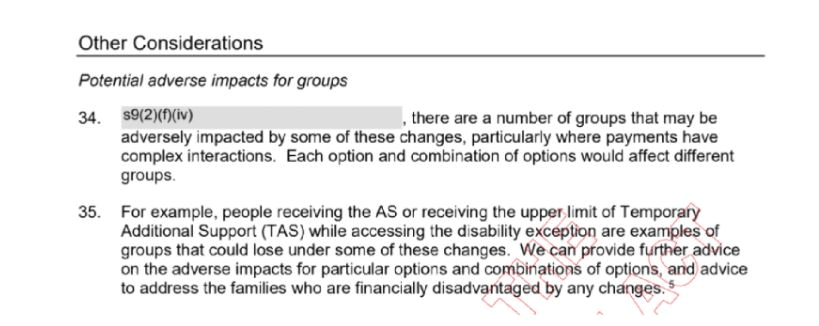 The text contains a headline reading ‘Other Considerations’ and a subheading, ‘Potential adverse impacts for groups’. It then reads: “there are a number of groups that may be adversely impacted by some of these changes, particularly where payments have complex interactions. Each option and combination of options would affect different groups. For example, people receiving the AS or receiving the upper limit of Temporary Additional Support (TAS) while accessing the disability exception are examples of groups that could lose under some of these changes. We can provide further advice on the adverse impacts for particular options and combinations of options, and advice to address the families who are financially disadvantaged by any changes.