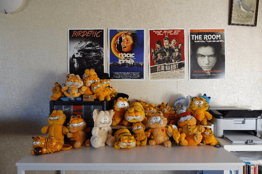  countless garfield toys sitting underneath a movie poster of The Room