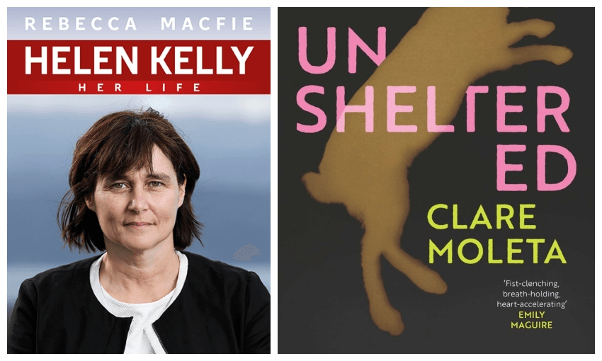 Covers of two books, one showing a head and shoulders portrait of Helen Kelly, the other an illustration of a dead rabbit.