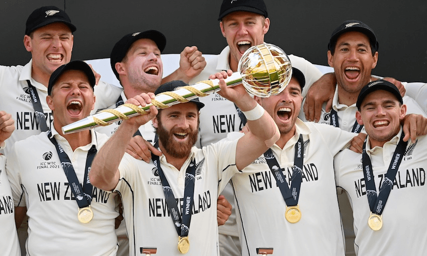 Blackcaps captain Kane Williamson lifts the World Test Championship mace. (Photo: Getty Images) 
