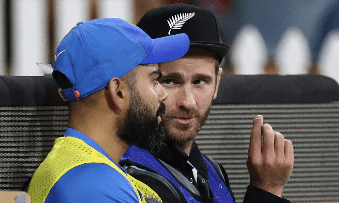 NZ’s Kane Williamson and India’s Virat Kohli chat during a Twenty20 match in Mount Maunganui in 2020. It’s not clear what Williamson is saying, but it could be, ‘If we play each other in the WTC, here’s how close it will be.’ Photo by Fiona Goodall/Getty Images 
