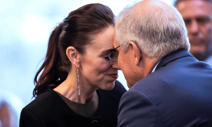 Jacinda Ardern greets Scott Morrison with a hongi as the Australian Prime Minister arrives for the annual Australia-New Zealand Leaders’ meeting (Photo: Robert Kitchin/Getty Images) 
