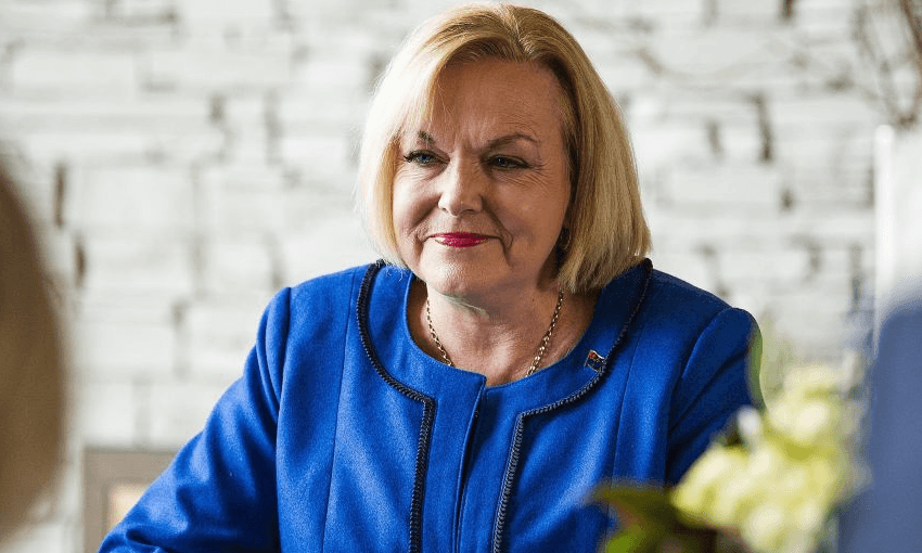 a older blonde woman with a cobalt shirt Judith Collins during a meeting with then-Australian PM Scott Morrison in Queenstown