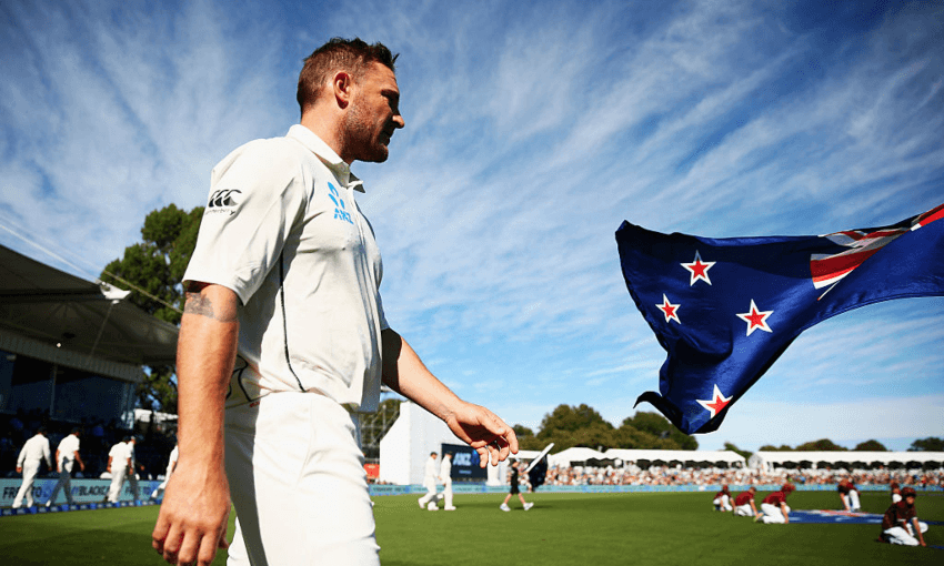 Brendon McCullum leads out the Black Caps in his final test match , against Australia at Hagley Oval in 2016.  (Photo by Ryan Pierse/Getty Images) 
