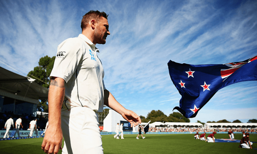 Brendon McCullum leads out the Black Caps in his final test match , against Australia at Hagley Oval in 2016. (Photo by Ryan Pierse/Getty Images)