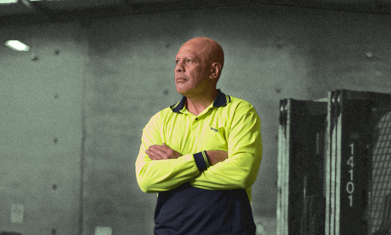 Moeroa Paratainga, on the job (Photo: Joe Hockley for The Spinoff; additional design: Matthew McAuley) 
