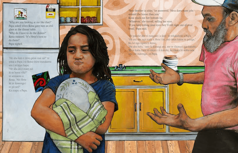 Illustration showing a grumpy-looking girl drying the dishes. 