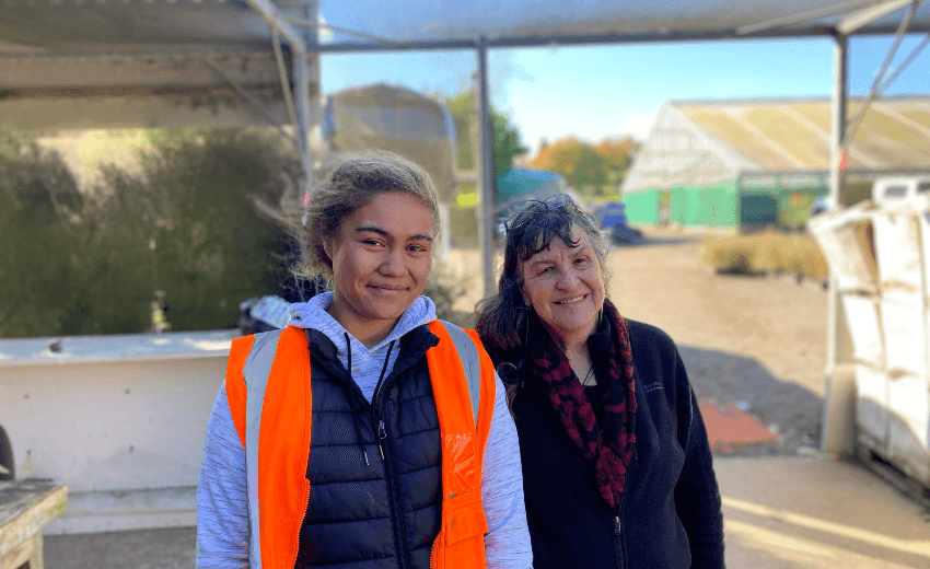 Quanilla Paraha with Adrienne Dalton at Te Whāngai Trust’s Pukekohue hub. (Photo: Justin Latif) 
