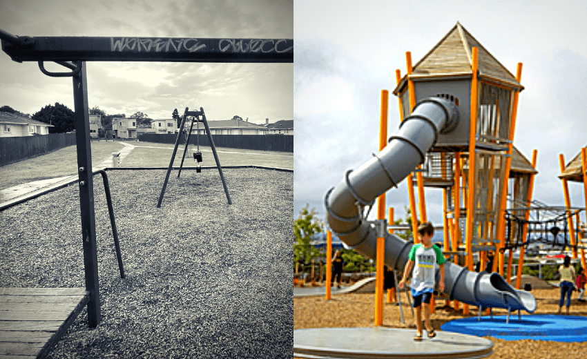 The Vickers Park playground in Māngere, left, and the Royal Road Reserve playground in Massey. (Photos: Supplied)  
