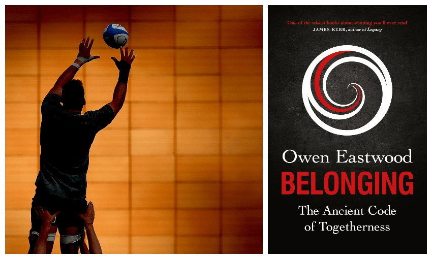 Cover of book Belonging; a photograph of All Black Kieran Read being lifted by teammates to catch a ball
