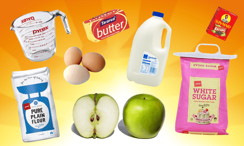 The orange Edmonds sunrise logo with pudding ingredients (eg eggs, apples, sugar, milk) superimposed