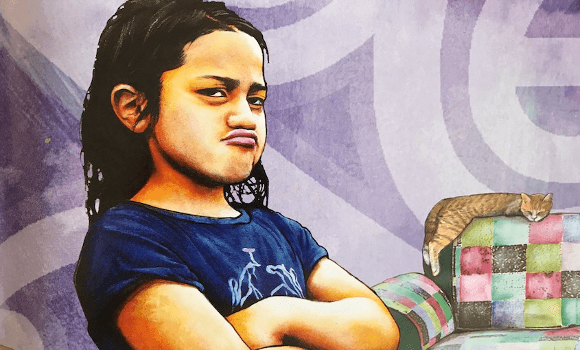 Illustration of a pouting young girl, arms crossed, looking stubborn as.