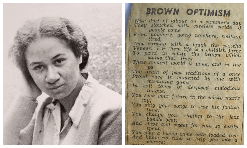 Beside a yellowed newsprint clipping of a poem, a black and white photograph of a young Māori woman, looking to camera.
