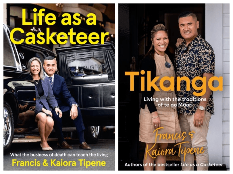 Two book covers, each featuring photos of authors Francis and Kaiora Tipene, smiling. 