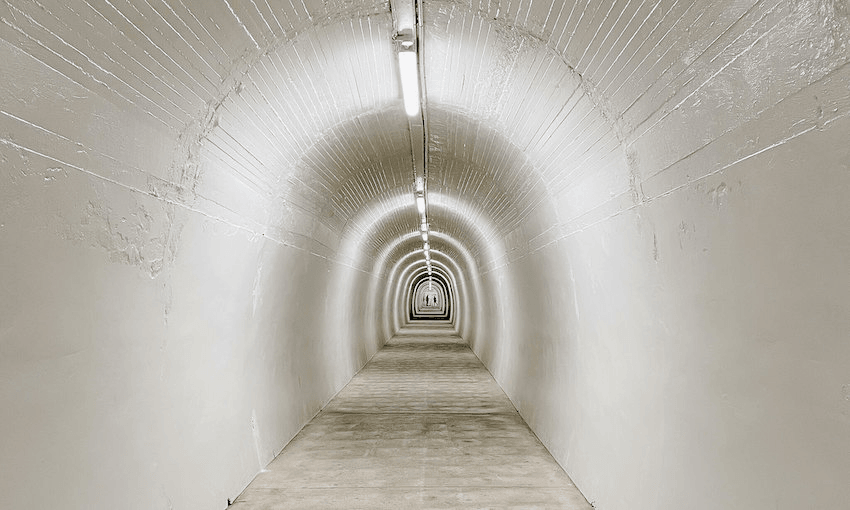 Bernard Hickey in the Durie Hill Elevator tunnel with Anthonie Tonnon (Photo: Lynn Grieveson) 
