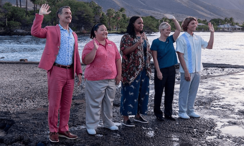 The friendly staff of The White Lotus, a resort that definitely exists. (Photo: HBO)