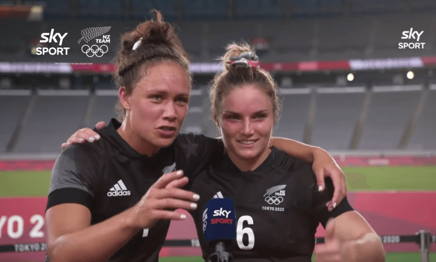 Ruby Tui and Michaela Blyde being interviewed by Rikki Swannell for Sky Sport at the Tokyo Olympic Games. 
