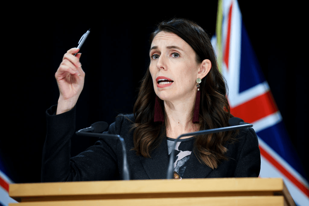 WELLINGTON, NEW ZEALAND – JUNE 28: Prime Minister Jacinda Ardern addresses media during a post cabinet press conference at Parliament on June 28, 2021 in Wellington, New Zealand. The Wellington region is in alert level 2 until 11.59pm on Tuesday while the rest of the country is at level 1 following the emergence of new COVID-19 cases in New Zealand linked to a cluster outbreak in Sydney, Australia. (Photo by Hagen Hopkins/Getty Images) 
