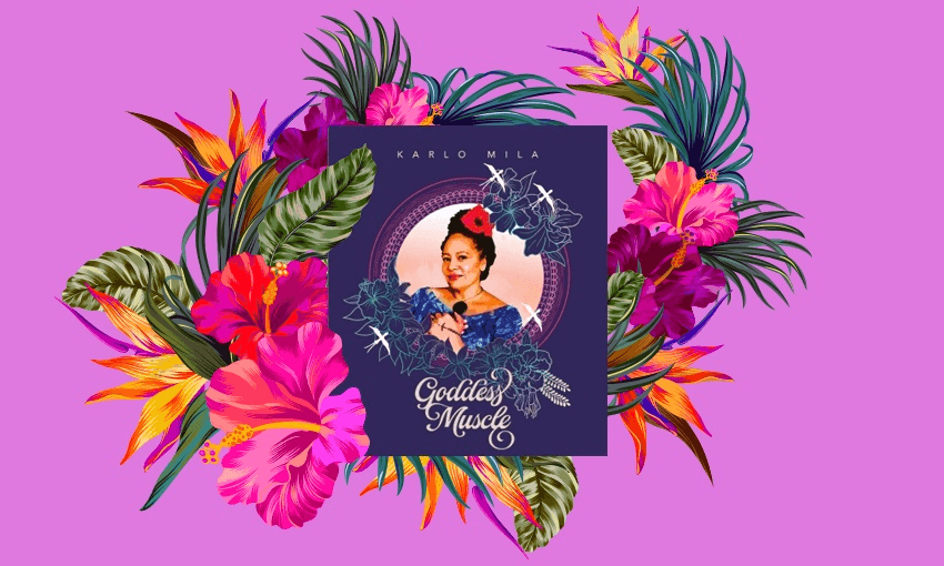 A book of poems, Goddess Muscle, wrapped in a design of hibiscus and palm leaves, on a fuschia background