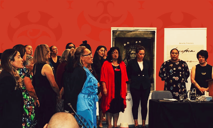 Claimants to the Waitangi Tribunal’s Wai 2700 – Mana Wāhine inquir at Terenga Parāoa marae in Whangārei (Photo: supplied, Additional design: Tina Tiller) 
