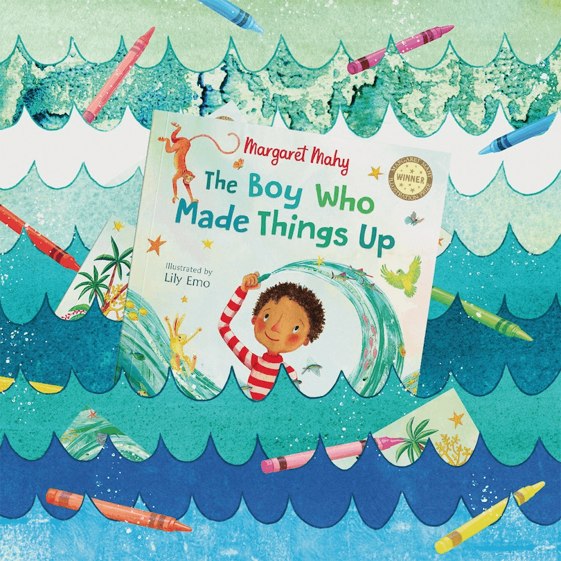 A picture book showing a boy surrounded by a whirling wave of sea creatures, set against a scene of illustrated waves