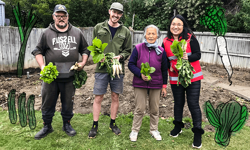 David Scarlet, Wilby Le Heux, Zhang Wang and Phoebe Xie after swapping vegetables (Photo: Vicky Hamilton / Tina Tiller) 
