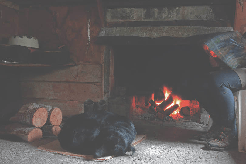 Interior of a mustering hut, open fire roaring, black retriever asleep in front of it, a person reading a hunting mag. 