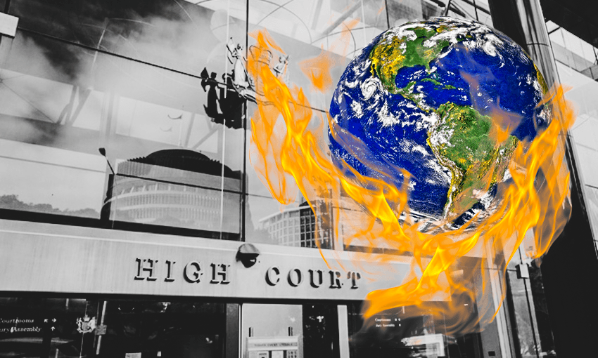 High Court with burning Earth superimposed