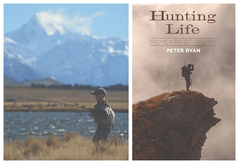 A photograph of a young boy fly-fishing in a river, surrounded by tussock and snowy mountains; a book cover with the title Hunting Life and an image of a man standing on an outcrop. 