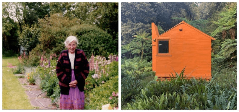 Photo of an older woman, beaming, in her garden; photo of a bright orange hut against deep green bush and ferns