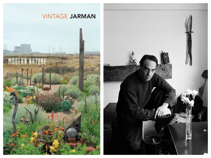 The cover of a book showing a beautiful garden on a bleak landscape; black and white photo of a man in his home. 