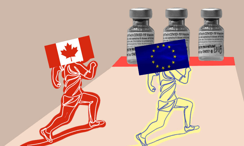After a slow start, Canada is leading the Covid-19 vaccination chart with 71% of its people receiving a jab. Europe is catching up fast.