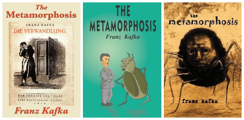 Three creepy covers of The Metamorphosis, all featuring giant bugs