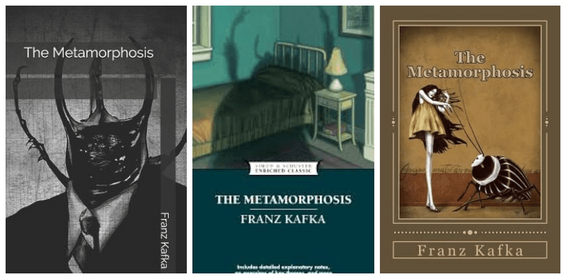 Three covers of The Metamorphosis, all featuring giant bugs