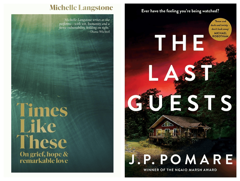 Two book covers; one a deep green underwater photograph, the other a house silhouetted against a red sunset.