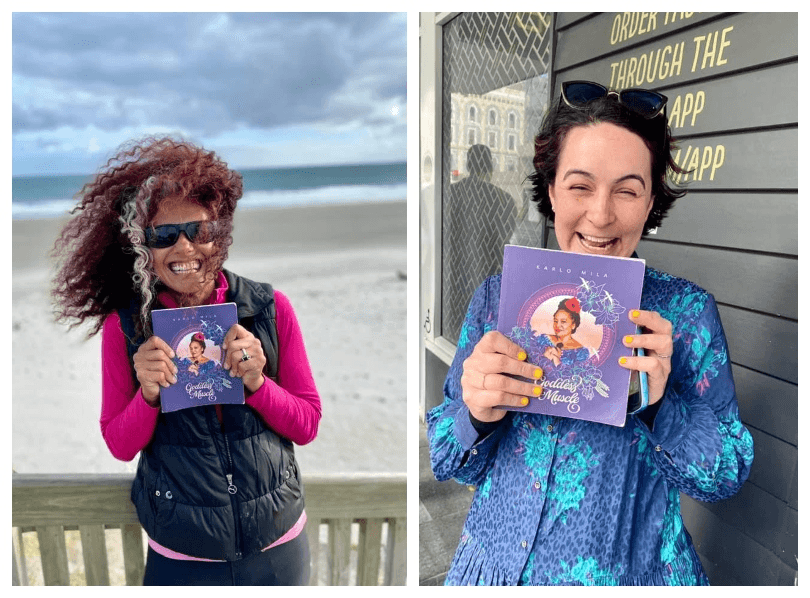 Two photographs, each showing a beaming woman holding a copy of poetry book Goddess Muscle