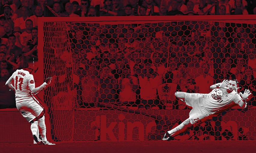 England’s fourth penalty in the Euro final penalty shootout, taken by Jadon Sancho, is saved by Italy’s Gianluigi Donnarumma (Photo: Getty Images/Tina Tiller) 
