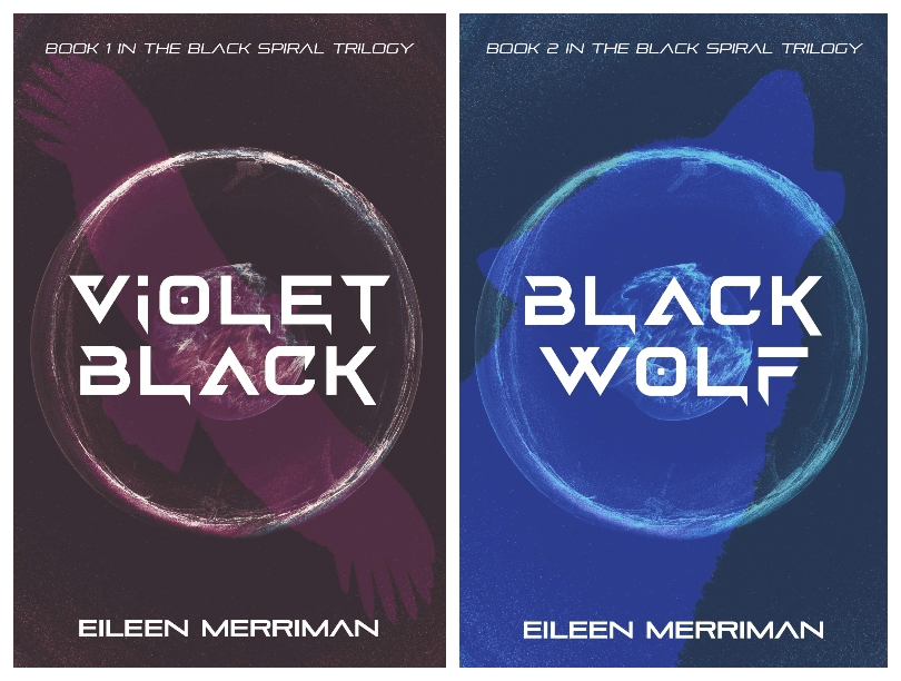 Two book covers, both quite dark with techy modernistic font over swirling shapes.