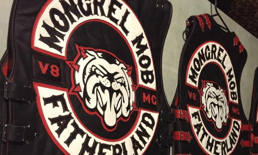 Mongrel Mob patches on a wall (Photo: Jarrod Gilbert, Radio NZ) 
