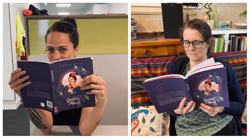 Two photos side by side, each showing a woman reading Goddess Muscle