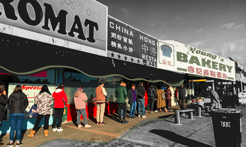 The long line outside Young’s Bakery (Photo: Charlotte Muru-Lanning/Tina Tiller) 
