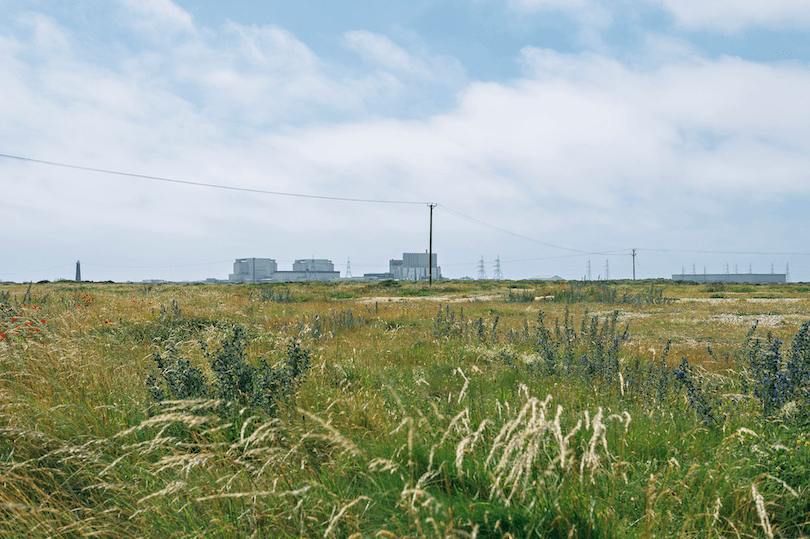 Photo of scrubby landscape, blue cloud-swept sky, looks cold. In the distance, a nuclear power plant. 