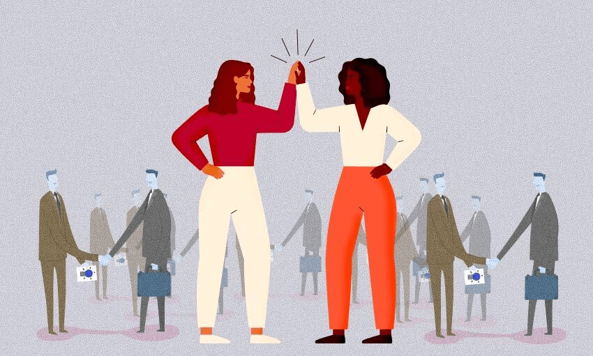 cartony picture of two women high fiving
