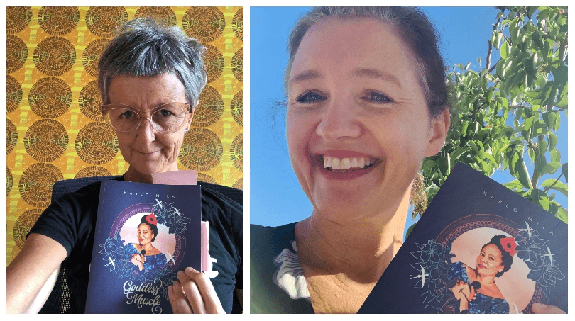 Two photographs of women holding Goddess Muscle