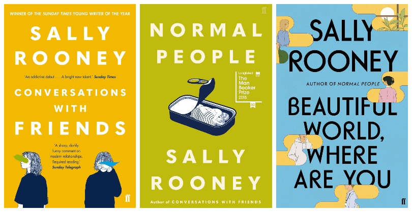 Covers of three novels by Sally Rooney, all featuring bright yellows, blues and greens, and illustrations of young people
